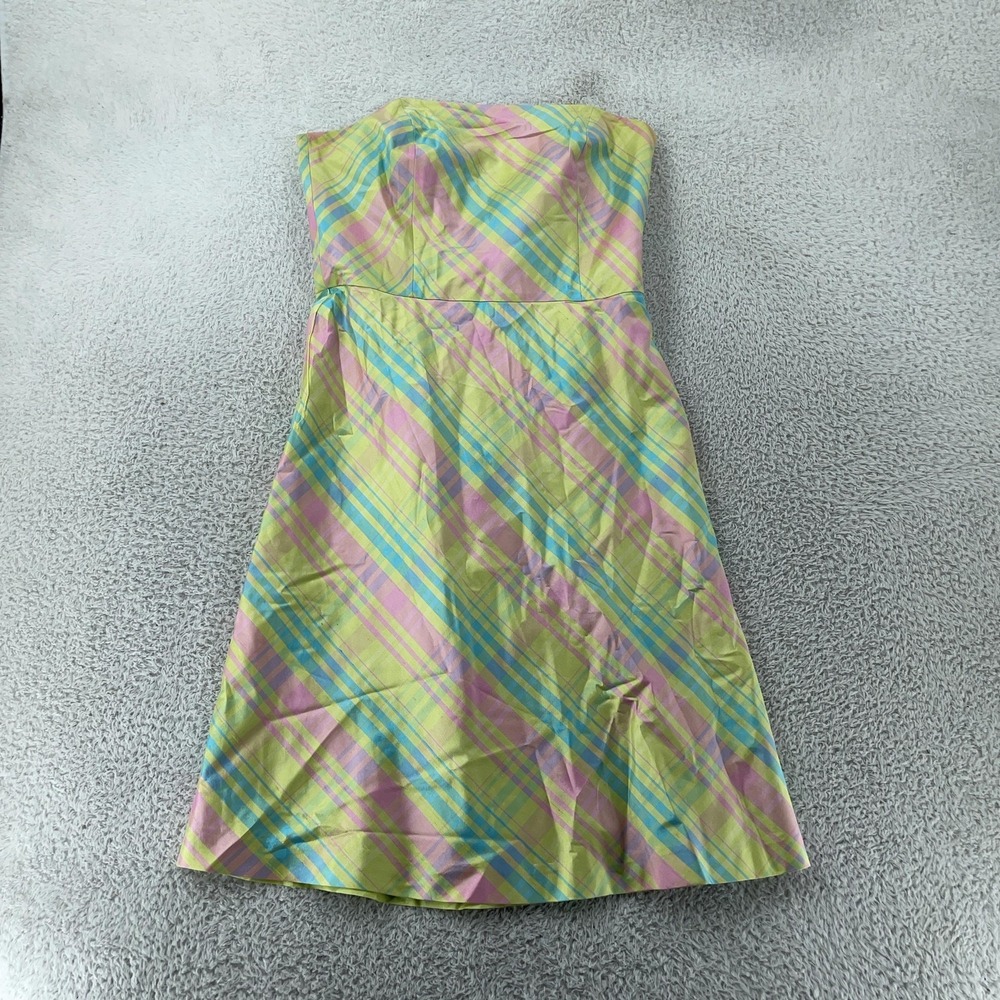 Lilly Pulitzer Silk Strapless Dress‎ Women's 8 Pastel Plaid Green Pink A-Line - Picture 1 of 9